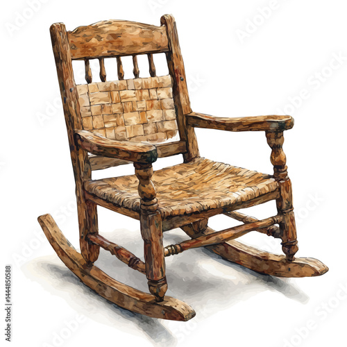 Classic Wooden Rocking Chair, vector watercolor illustration, isolated on a white background.