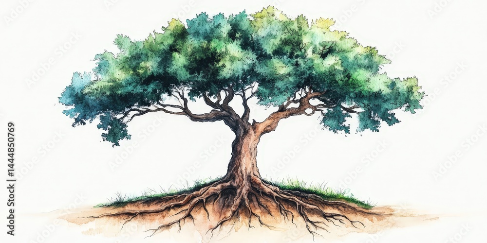 Symbolic Watercolor Tree with Visible Roots Representing Nature's Connection