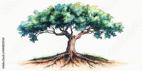 Obraz na płótnie Symbolic Watercolor Tree with Visible Roots Representing Nature's Connection w salonie