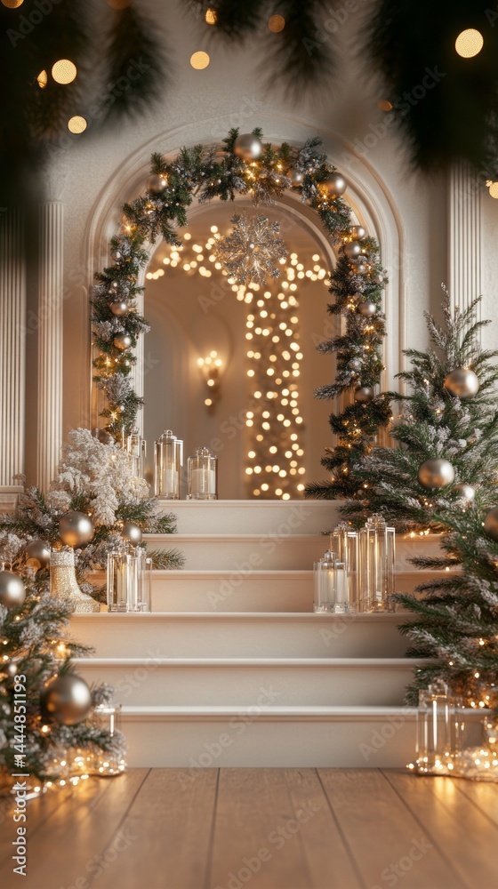 A beautifully designed Christmas display podium attracts attention with crystal ornaments, lush pine greenery, and soft white lights, creating a festive atmosphere perfect for celebration A beautifully designed Christmas display podium attracts attention with crystal ornaments, lush pine greenery, and soft white lights, creating a festive atmosphere perfect for celebration