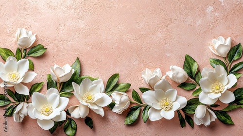 Delicate flowers arranged on pastel pink textured background in soft light made with Generative AI technology