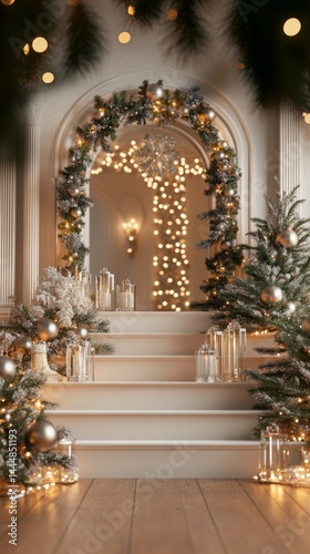 A beautifully designed Christmas display podium attracts attention with crystal ornaments, lush pine greenery, and soft white lights, creating a festive atmosphere perfect for celebration