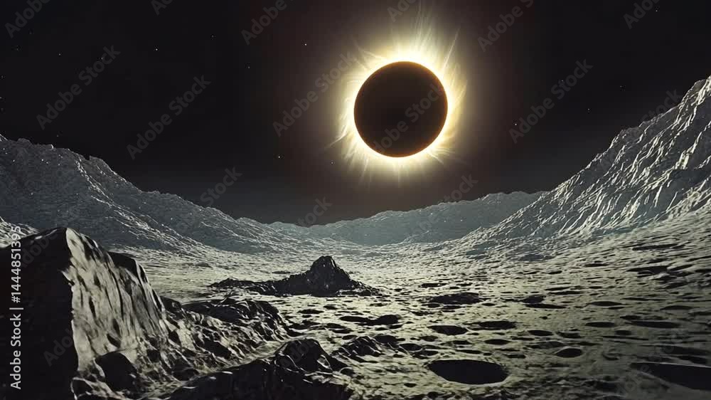 Breathtaking total solar eclipse casts shadows across a stark, rocky alien landscape