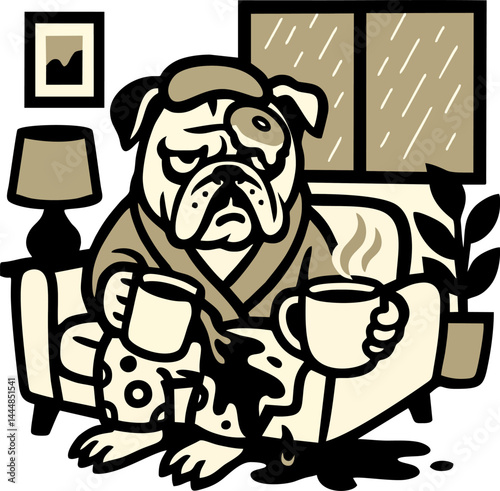 A Grumpy Bulldog Sits With Coffee On A Rainy Day Looking Sad And Unenthusiastic Spills Drink