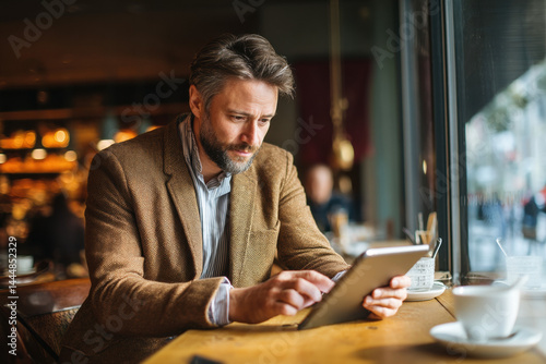 businessman using digital tablet in stylish coffee shop, warm tones, professional but relaxed
