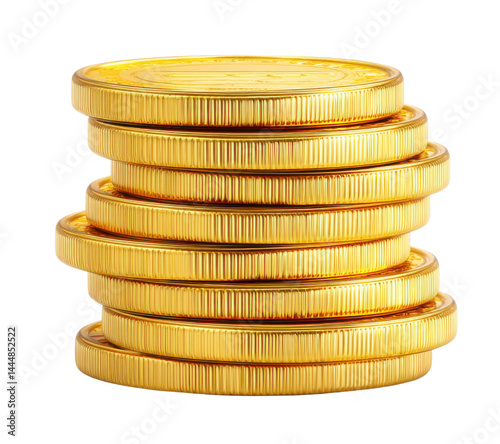 A stack of shiny gold coins , isolated on transparent background