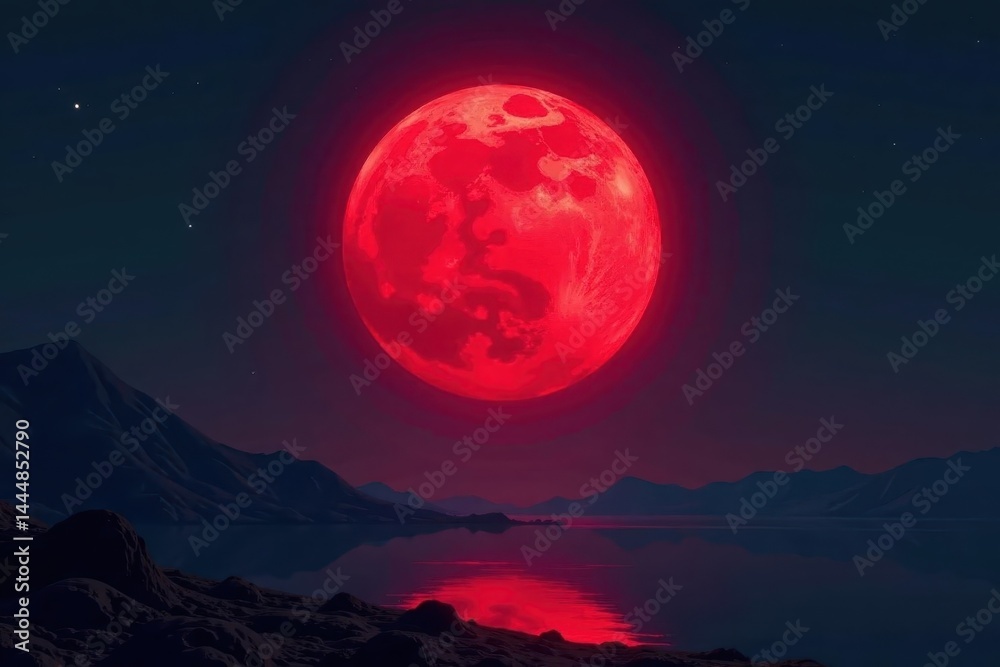 Fototapeta premium Glowing red moon silhouette against dark, abstract landscape Minimalist surreal art , wall art, backdrop