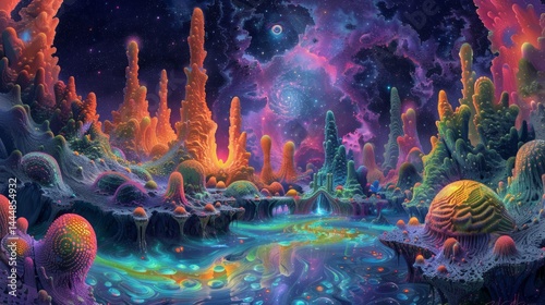 A psychedelic dream world where the ground and sky merge into flowing