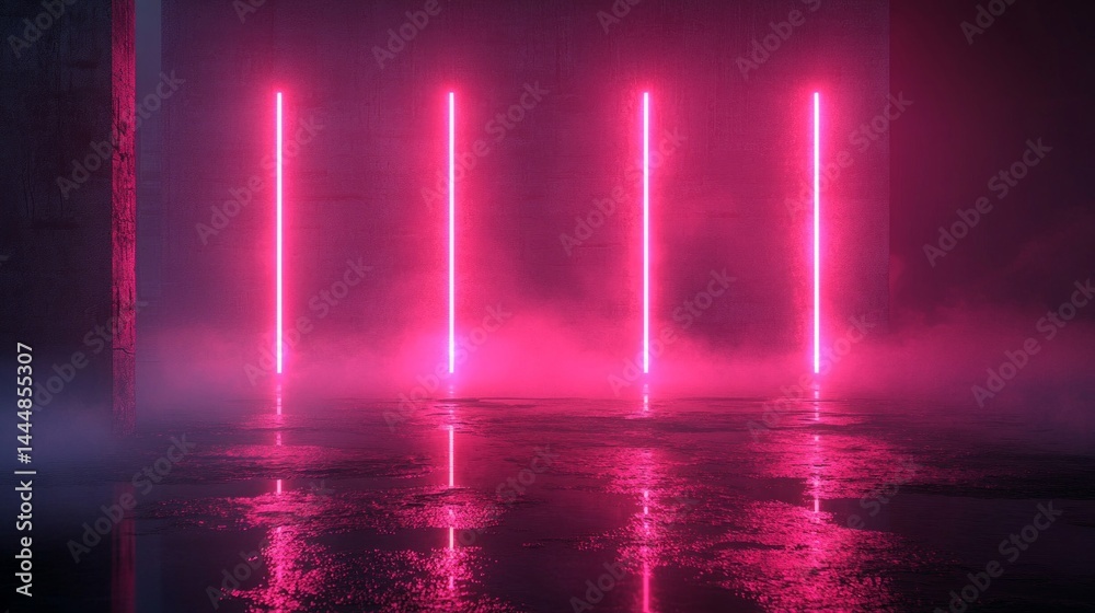 Pink Neon Lights Reflecting on Wet Dark Floor Pink Neon Lights Reflecting on Wet Dark Floor