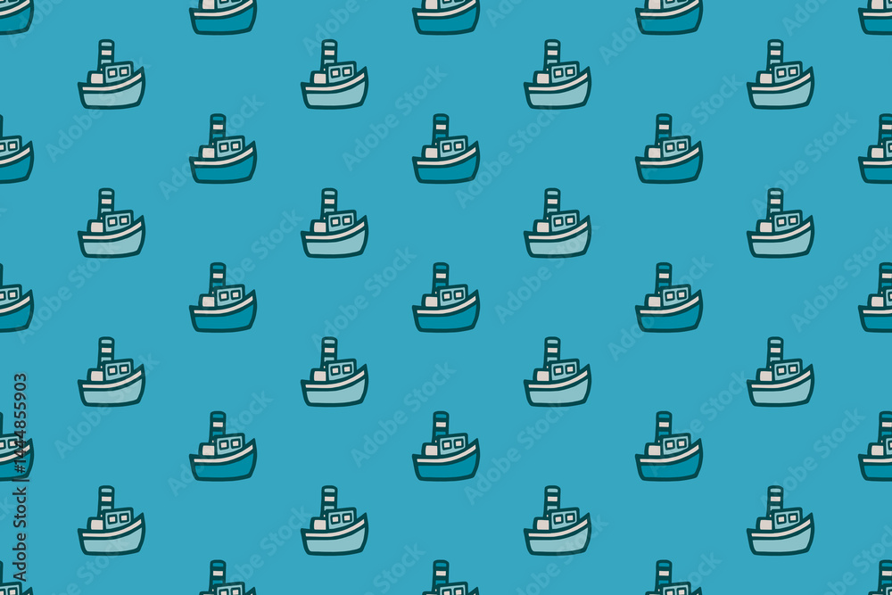 Children's seamless pattern with a steamship on a blue background.