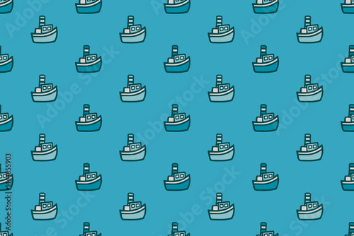 Obraz na płótnie Children's seamless pattern with a steamship on a blue background. w salonie