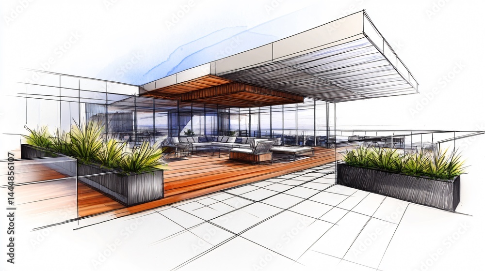 Obraz premium A serene watercolor and ink sketch of a rooftop lounge with lounge chairs potted plants glass railing and soft sky wash above