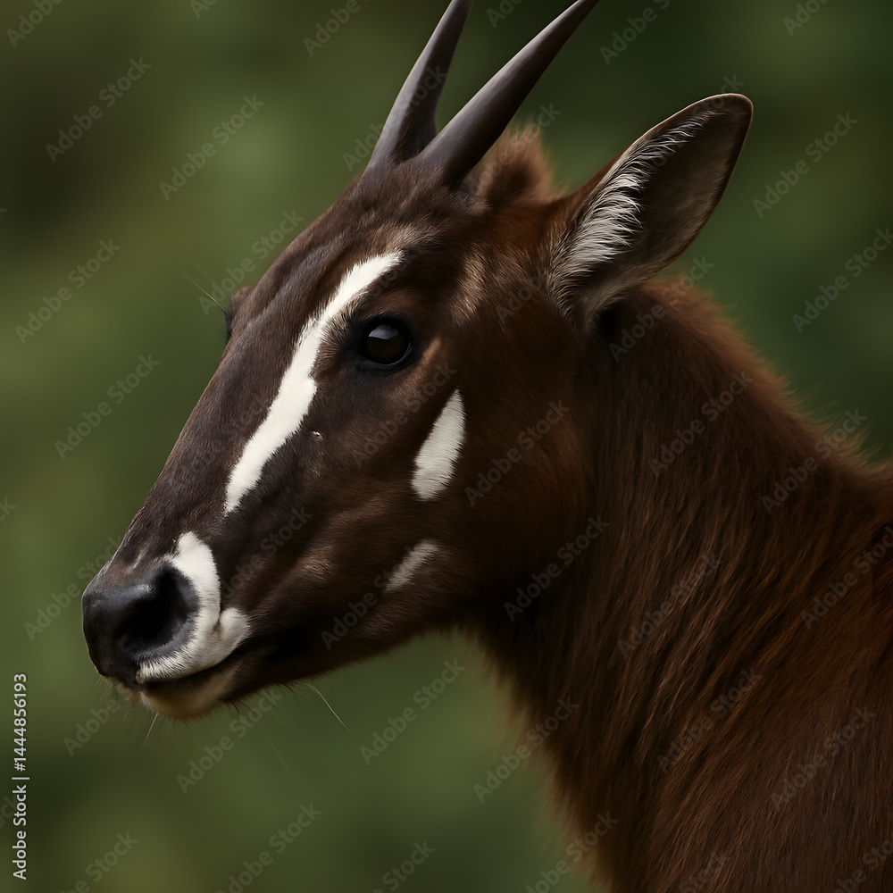 Profile view of a brown antelope with striking white facial markings and horns