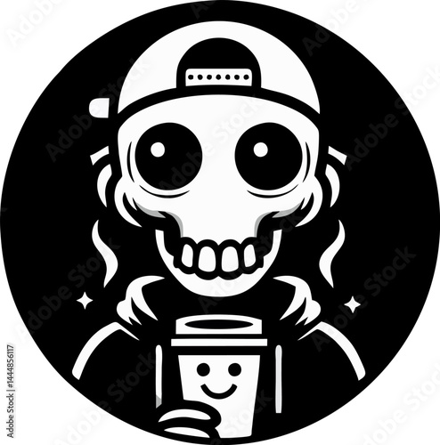 Stylized Skeleton Figure Wearing A Baseball Cap Holding A Coffee Cup With Smiley Face Icon