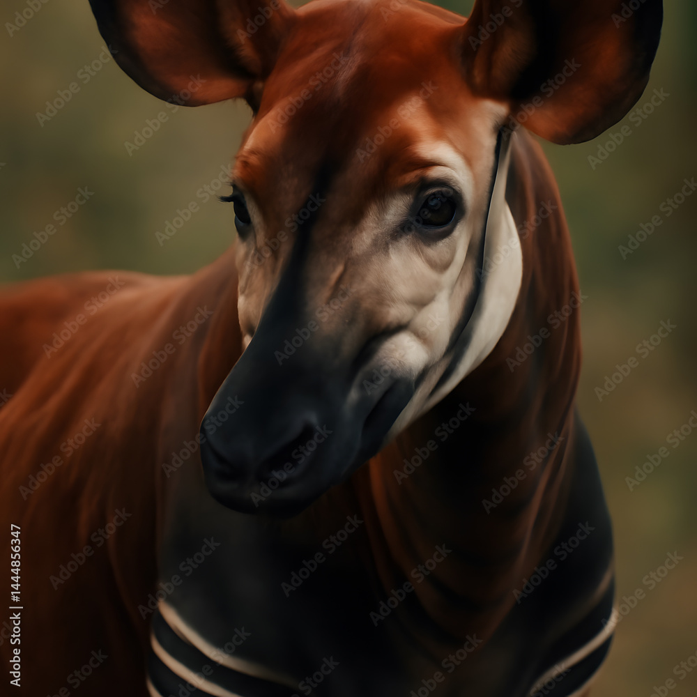Close-up of an okapi's head with its distinctive stripes and large ears