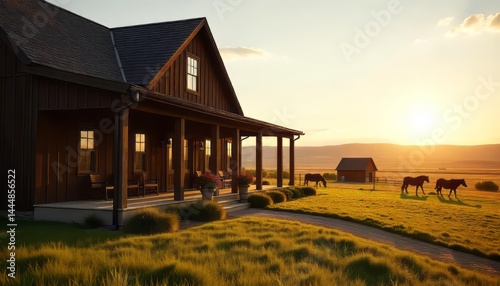 House and Horses at Sunset