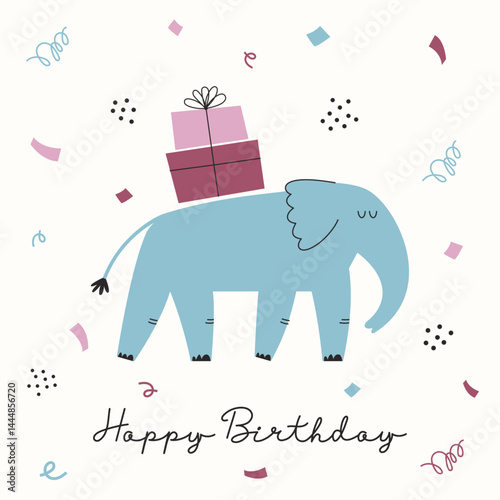 Happy Birthday card with cute elephant, presents and colorful confetti. Hand drawn greeting card or poster creative design.