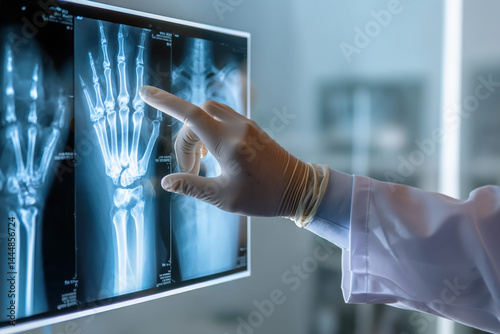 realistic close-up of doctor analyzing x-ray in hospital, modern clinical environment, white coat and gloves
