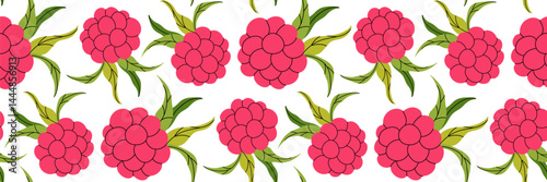 Pink raspberry with leaves seamless pattern. Spring garden background. Summer berry menu, cold drinks. Perfect for textile, menu, packaging, kitchen design. Flat vector illustration.