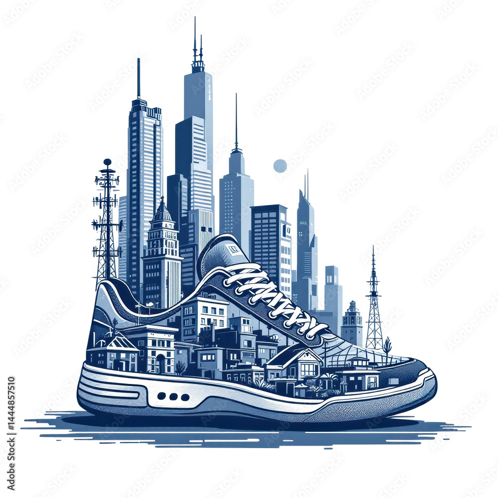 Urban skyline integrated into a sneaker design.