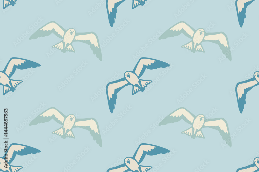 Seamless pattern with seagulls flying in the sky. Summer sea background.