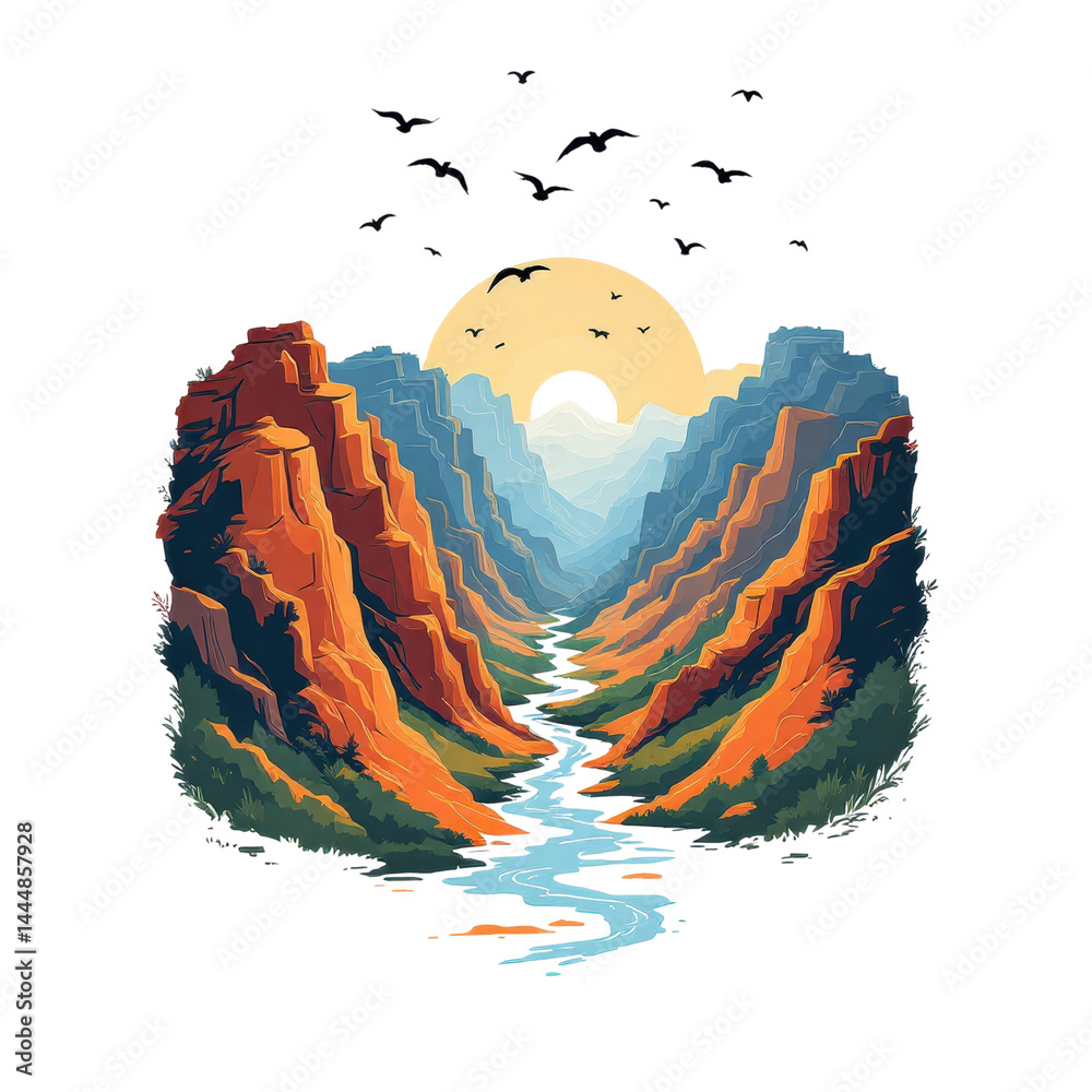 Vibrant landscape with mountains, river, and sun illustration.