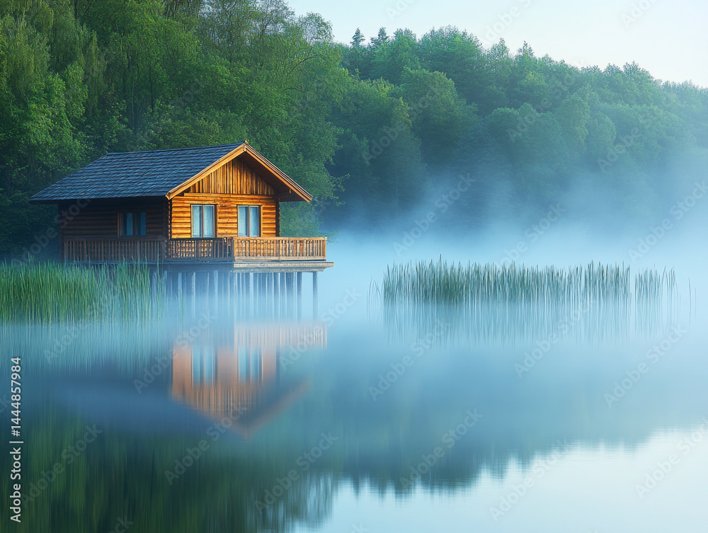 Fototapeta premium Tranquil wooden cabin by misty lake at dawn