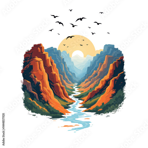 Obraz na płótnie Vibrant landscape with mountains, river, and sun illustration. w salonie