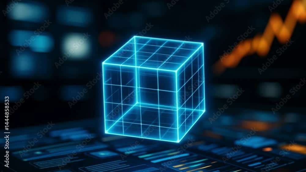 Futuristic glowing blue wireframe cube floating above digital interface, technology innovation, data analysis, modern abstract 3D grid hologram