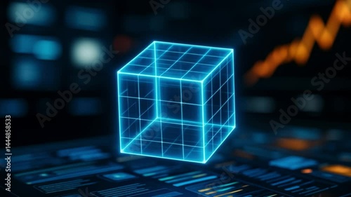 Futuristic glowing blue wireframe cube floating above digital interface, technology innovation, data analysis, modern abstract 3D grid hologram