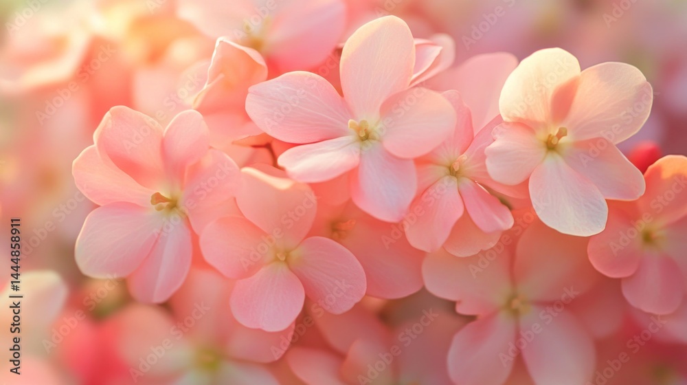 Soft, delicate pink flower cluster in sunlight. Soft, delicate pink flower cluster in sunlight.