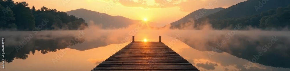 Obraz premium Misty dawn, still lake reflects golden light on wooden dock , dock, mist