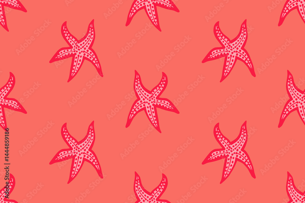 Seamless pattern with pink starfish. Summer sea background.