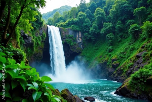 Powerful La Fortuna falls, surrounded by vibrant green foliage , rainforest, environment