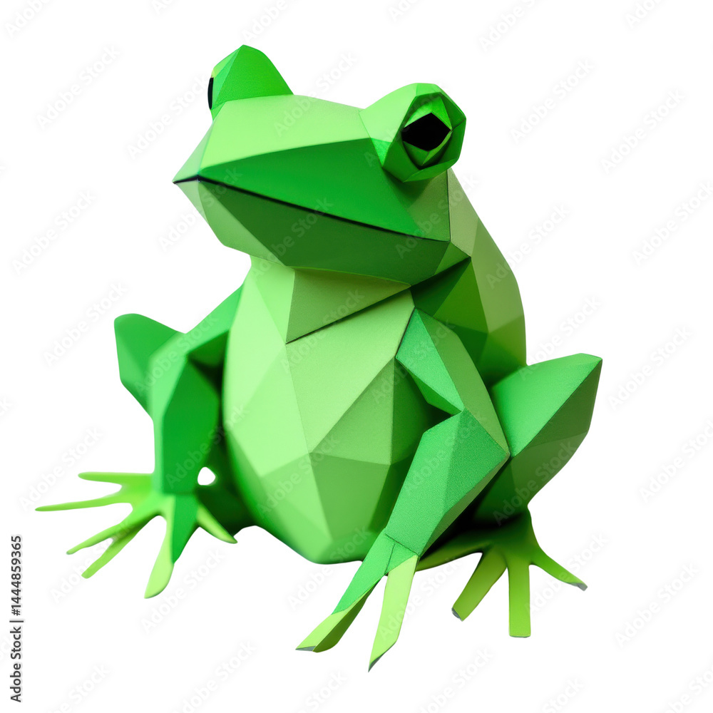 Origami frog sculpture in bright green tones on isolate background.