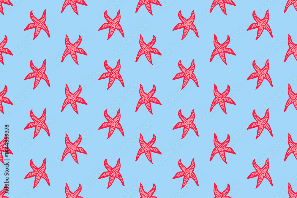 Seamless pattern with pink starfish. Summer sea background.