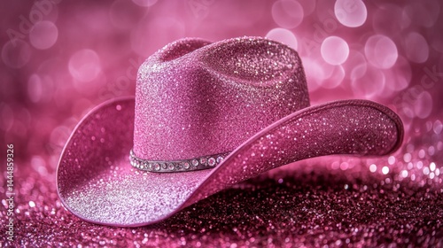 In the illustration, a pink glitter cowgirl hat with rhinestone trim rests on a sparkling pink background, showcasing a shallow depth of field and stunning bokeh, known as Rainstone