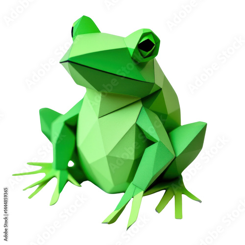 Origami frog sculpture in bright green tones on isolate background.