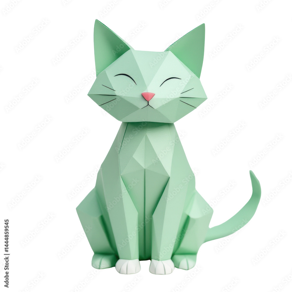 Origami cat sculpture in mint green color against isolate background.
