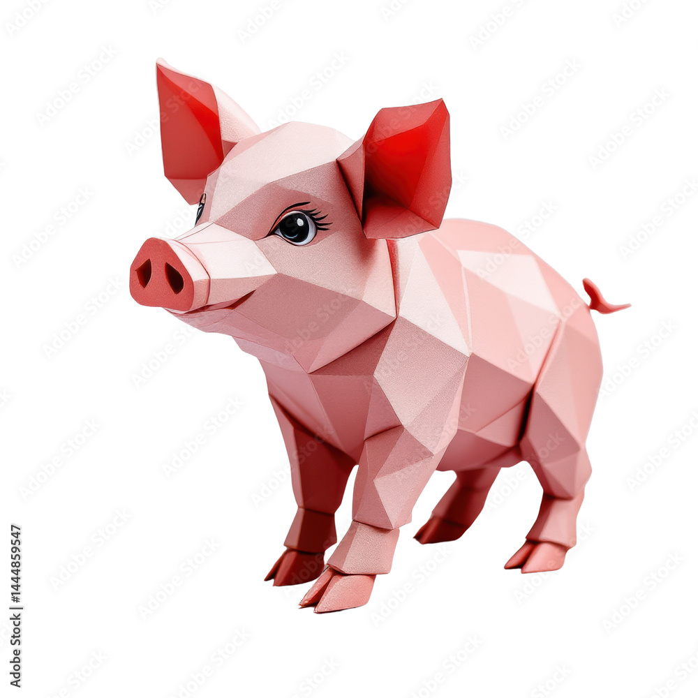 Origami pig figure with geometric design on isolate background.