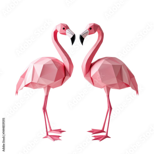 Two geometric pink flamingos facing each other on isolate background.
