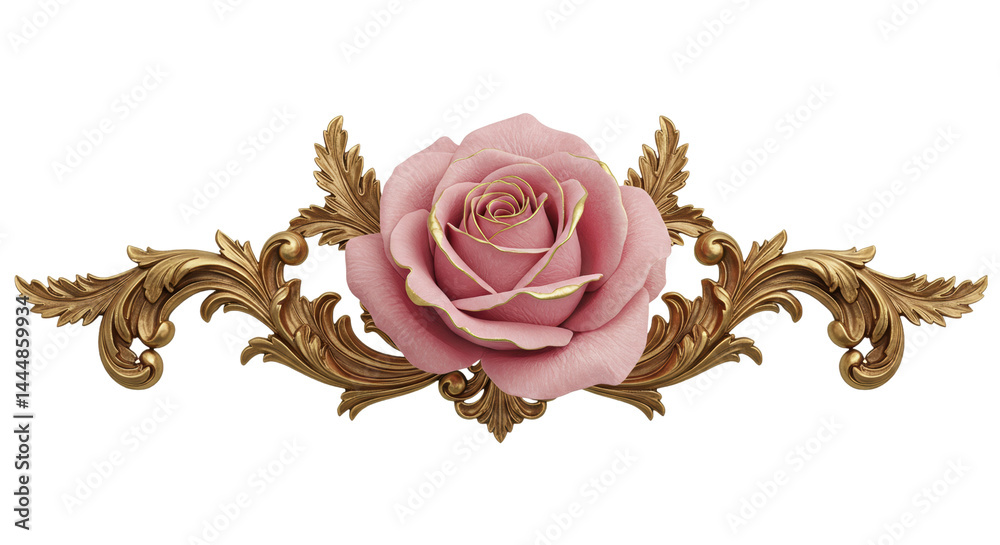Elegant pink rose with ornate embellishments on isolate background.
