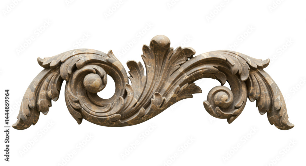 Decorative ornate wood carving with intricate swirls and details.
