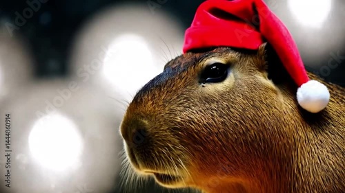 Capybara Wearing a Red Santa Hat with Soft Holiday Lights in Background.