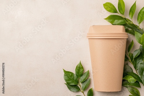 Eco-Friendly Paper Coffee Cup with Green Leaves on Beige Background