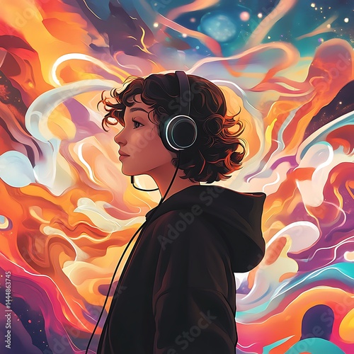 A young woman with short brown curly hair, wearing a black hoodie and headphones.
