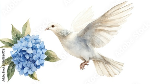 The wedding crest features a white hydrangea flower, greenery, and a monogram, all in a luxurious watercolor style, symbolizing rebirth with a phoenix illustration