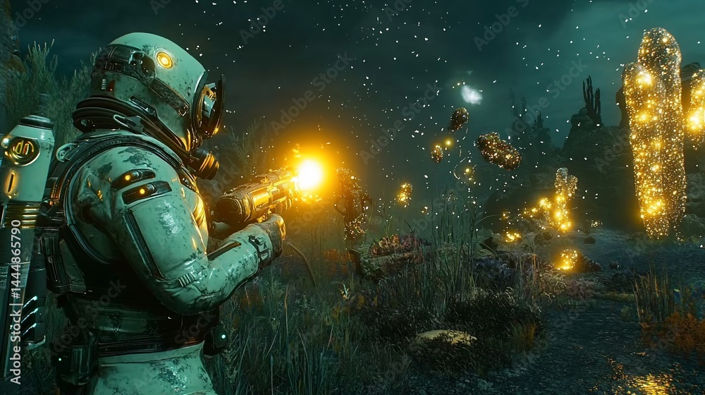 Fototapeta premium Astronaut fires weapon on alien planet. Submerged alien structures glow in the night