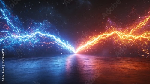 A plain black background serves as the canvas for anime, where abstract frozen blue and infernal orange glowing lightning sparks effects create a volcanic illustration of profound impact
