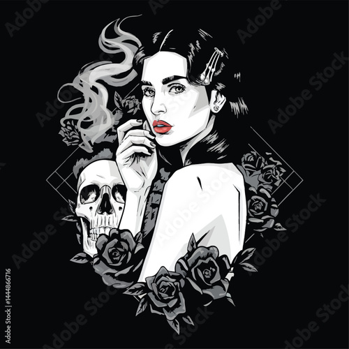 Monochrome elegance woman with skull roses and smoke vector t shirt design illustration for clothing